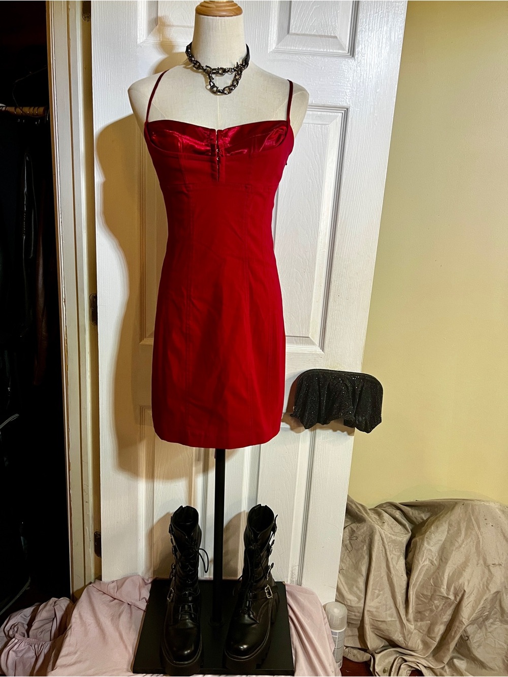 Express Wms Y2K Red Lace Up Corset Stretch Rave Party Lingeriecore Mini Dress 12